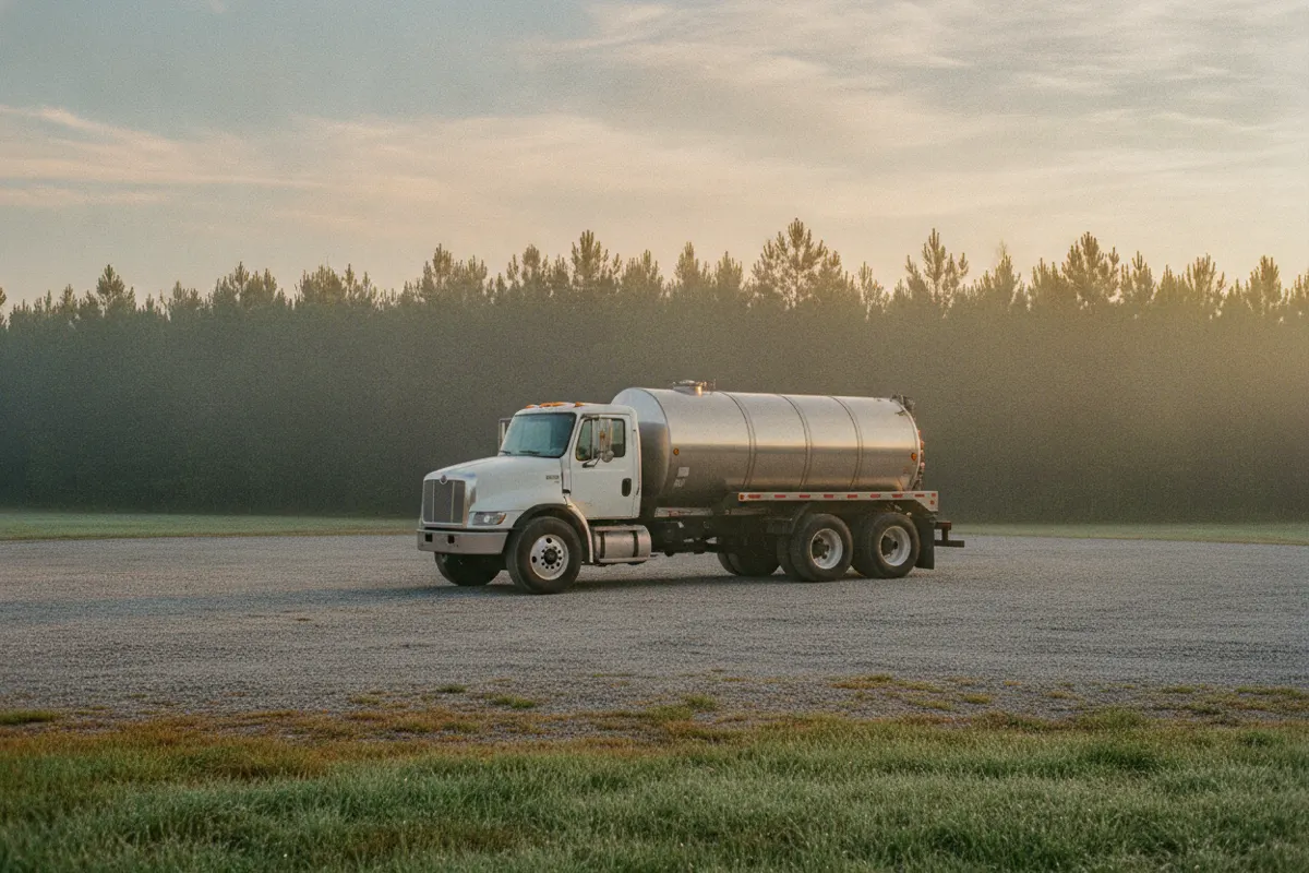 Septic vacuum tanker truck parked in a gravel yard at dawn
