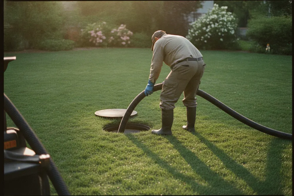 Technician guiding a suction hose toward an open septic tank lid