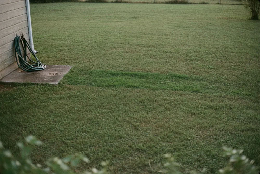 Backyard lawn with a lusher stripe of grass over the buried drain field