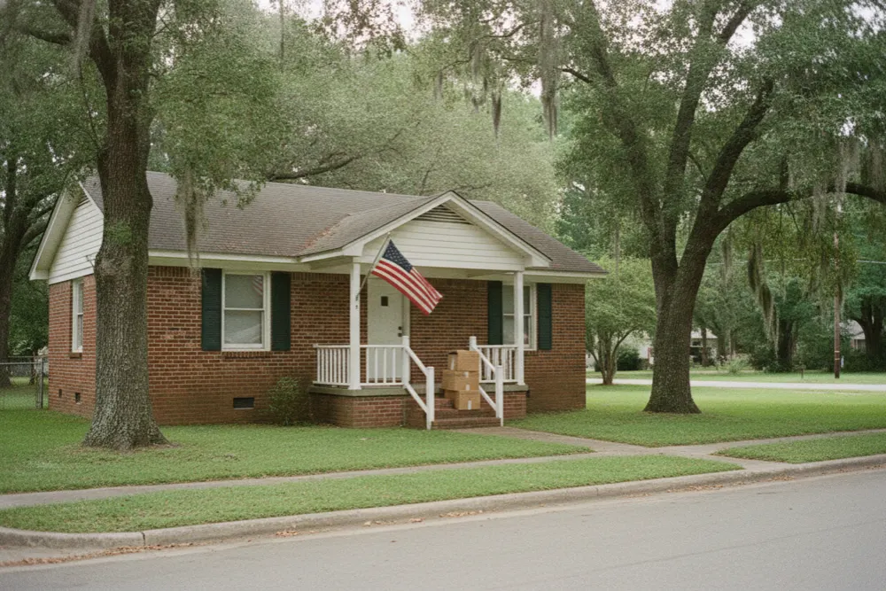Brick ranch rental home with moving boxes on the porch