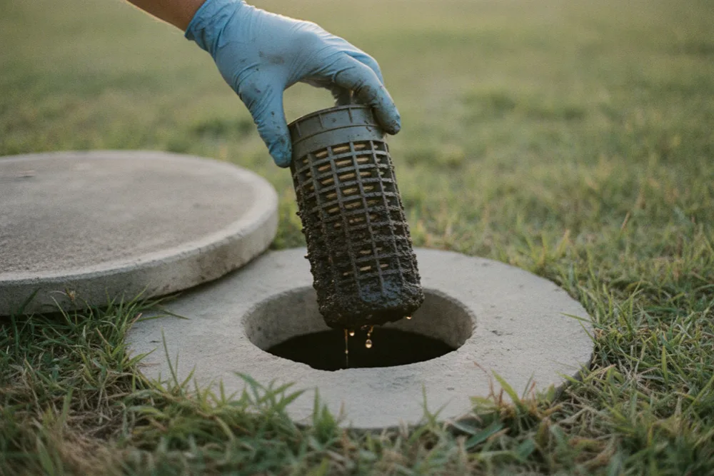 Gloved hand lifting a clogged effluent filter cartridge from a septic tank outlet