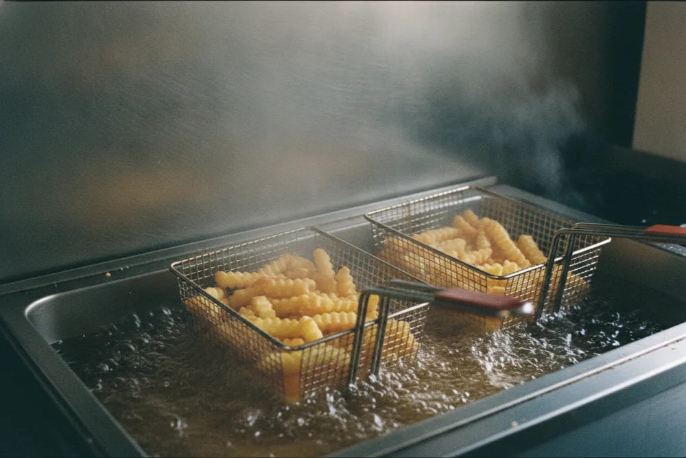 Fry baskets in bubbling oil in a commercial deep fryer - the menu that sets the pumping schedule