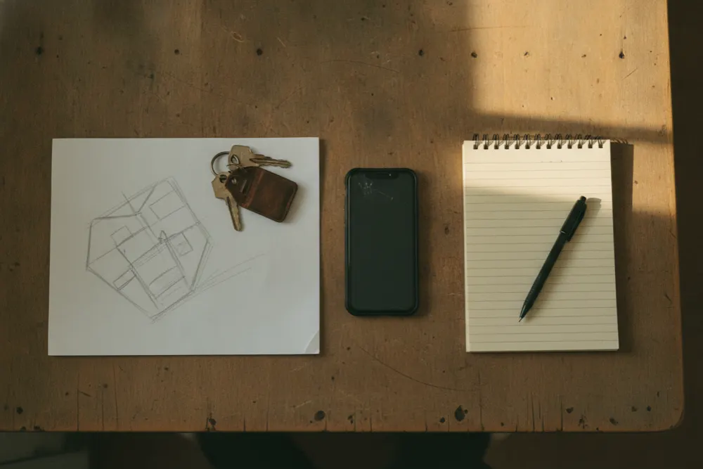 Table with a phone, property sketch, house keys, and a notepad