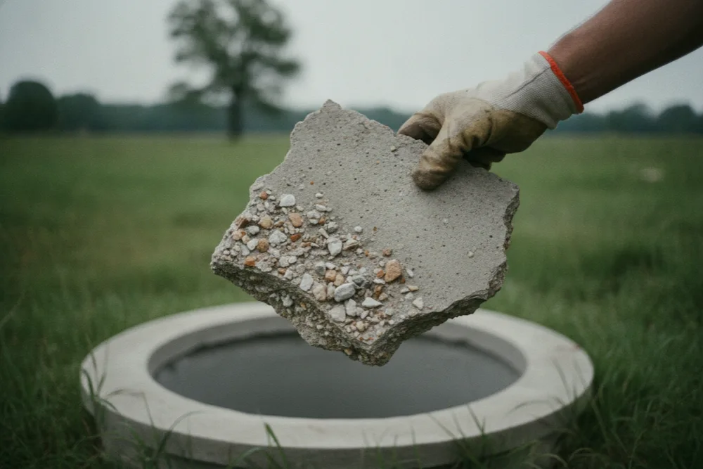 Gloved hand holding a crumbled chunk of old concrete baffle above an open tank
