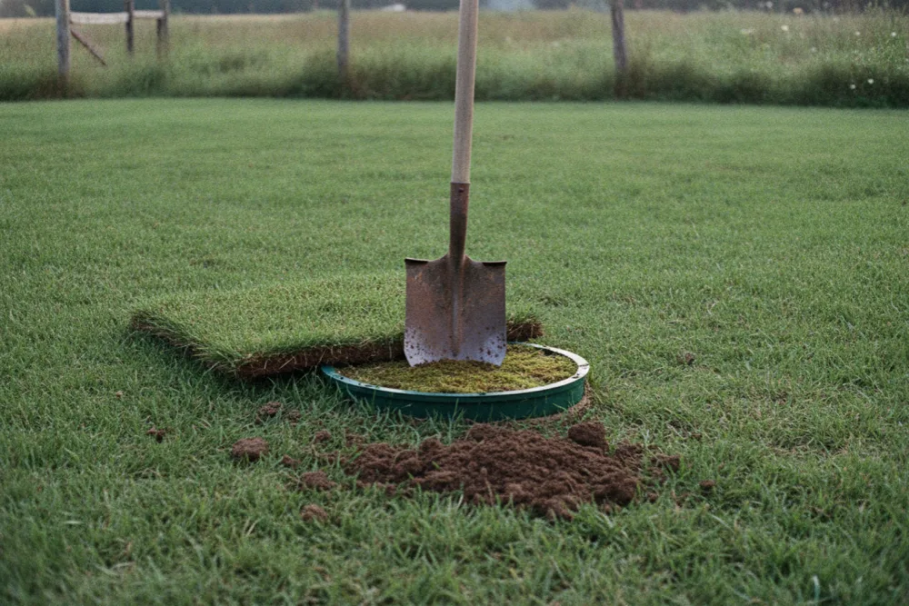 Spade cutting a neat square of turf over a half-exposed buried septic lid