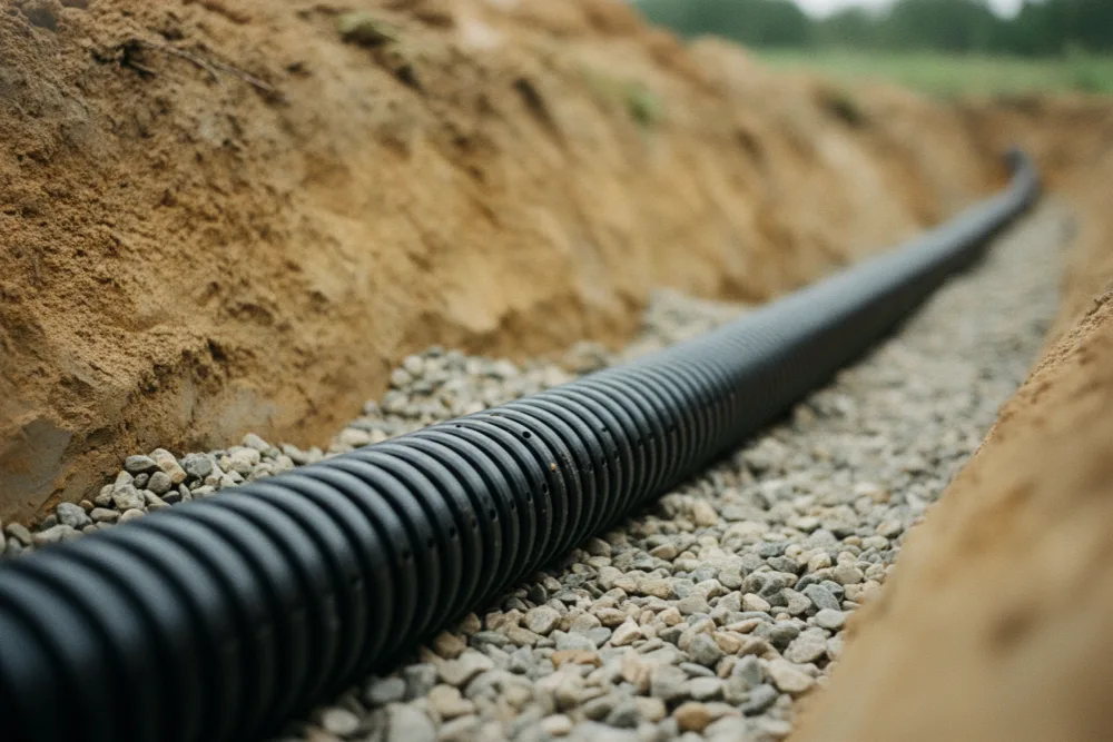 Close-up of perforated drain pipe resting on washed gravel in an open trench