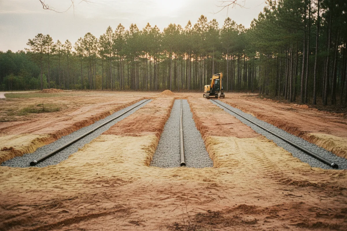 Parallel gravel trenches with perforated pipe during drain field construction