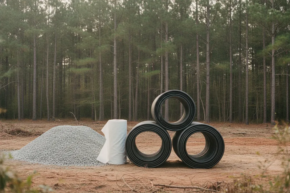 Coils of perforated pipe, washed gravel and geotextile staged for a new drain field