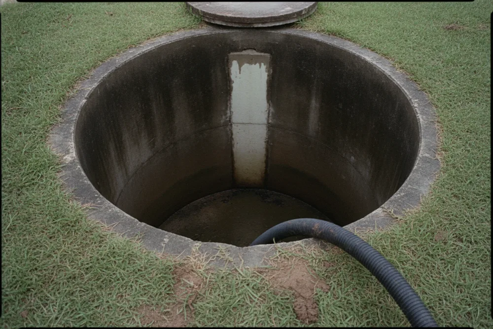View down into a freshly emptied concrete septic tank, the part pumping fixes - not the field beyond it