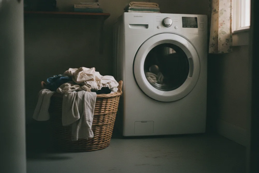 Laundry basket waiting on the floor beside an idle washing machine - go easy on water after a cleaning