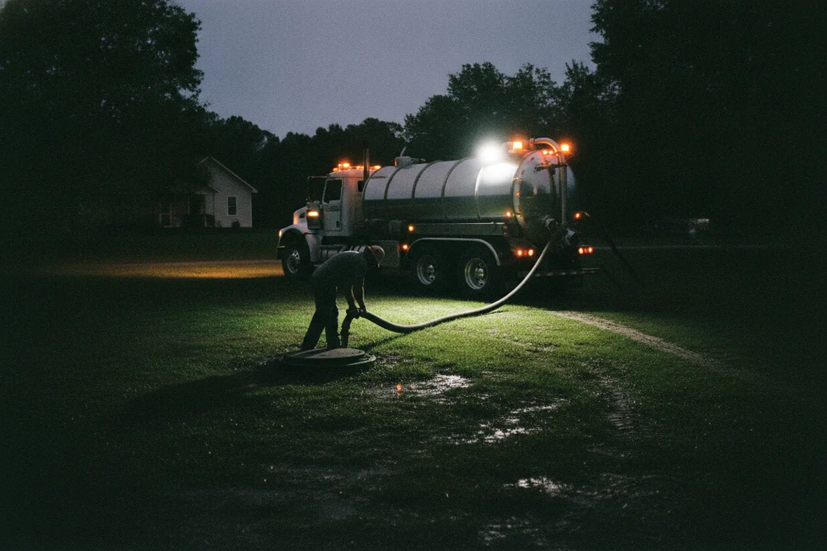 Vacuum truck working a rural yard at night under amber beacons, hose run to an open septic lid