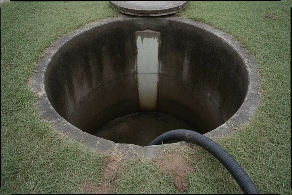 View down into a freshly emptied concrete septic tank, the part pumping fixes - not the field beyond it