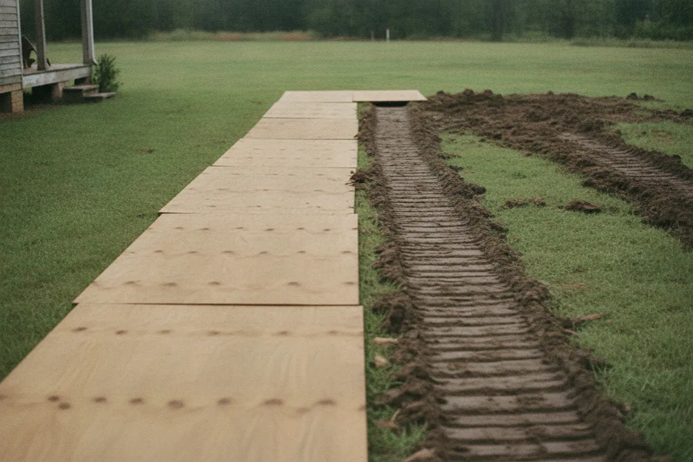 Excavator tracks crossing plywood laid over a lawn toward an open work pit