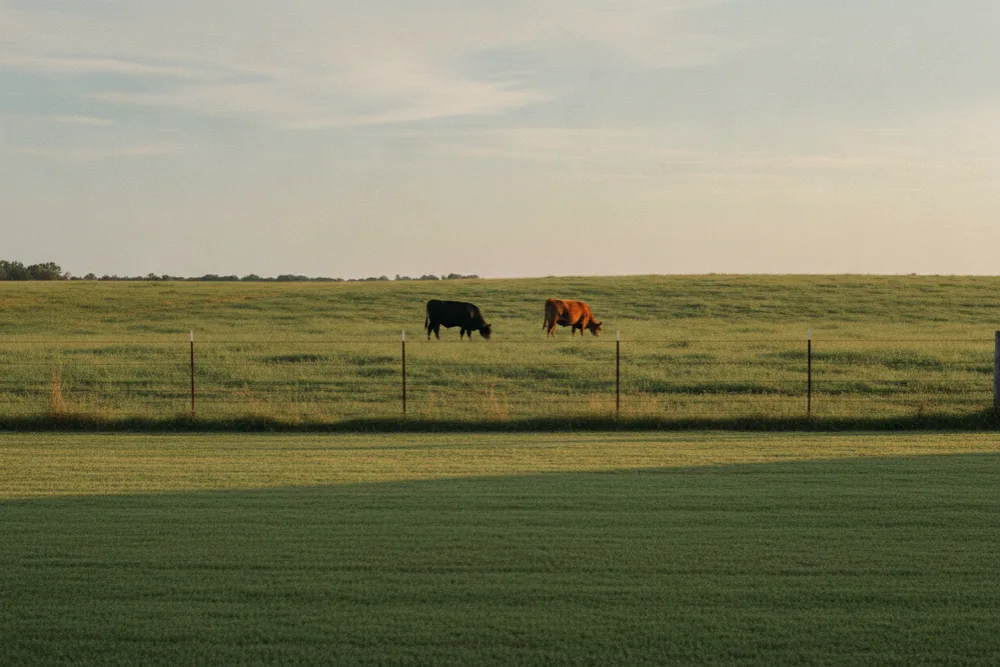 Farm fence keeping grazing cattle off the clean mowed lawn over the drain field