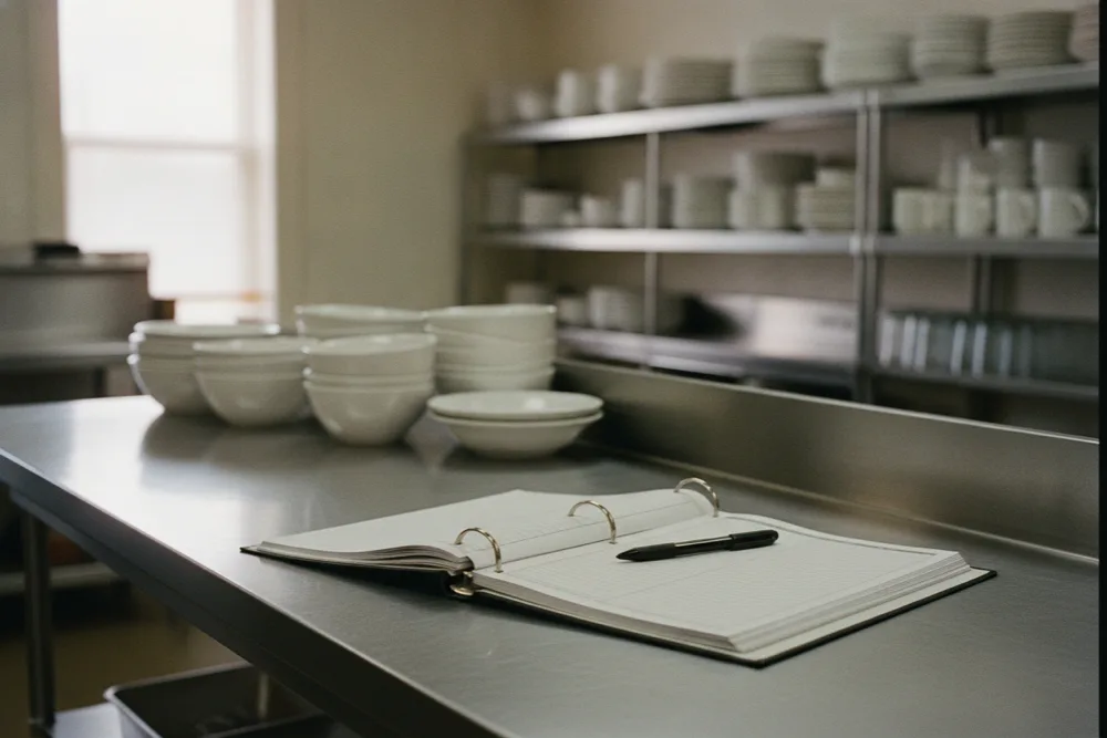 Open ring binder of service tickets on a stainless prep counter in a commercial kitchen