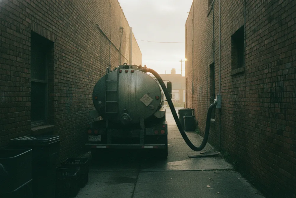 Vacuum truck working a narrow alley behind a brick restaurant - access sets the price
