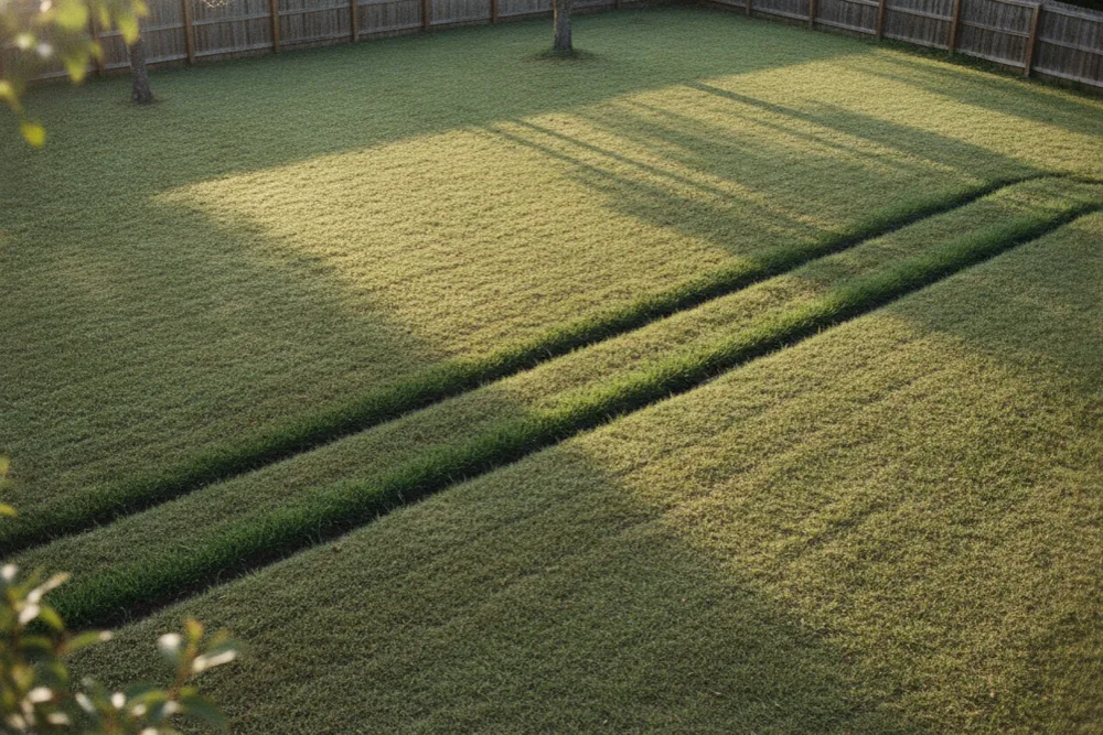 Lawn seen from above with two distinctly greener, taller stripes tracing the buried trench lines