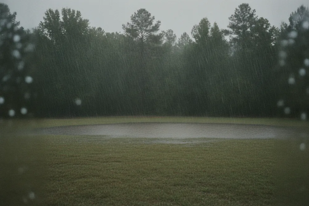 Heavy rain sheeting across a rural yard toward a flooded low spot under a storm sky