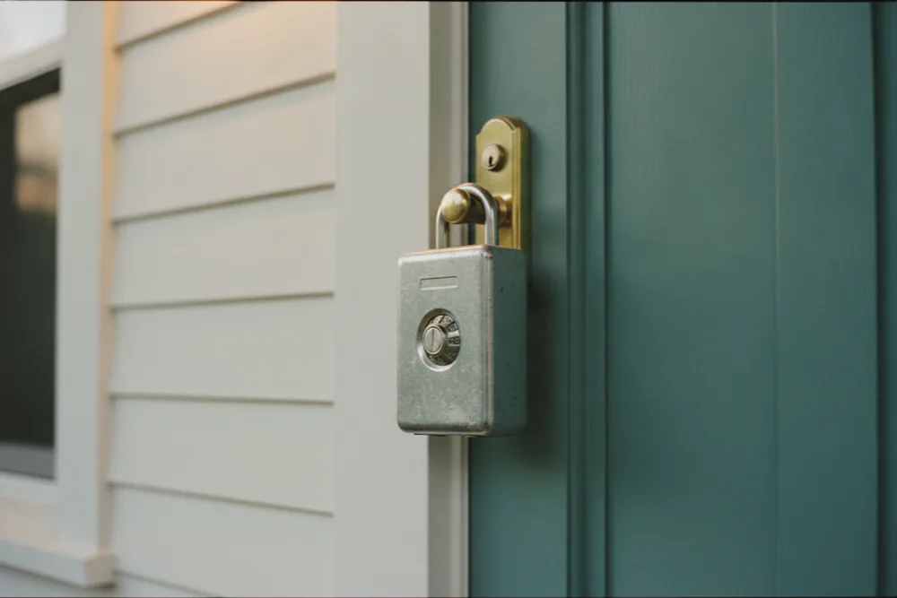 Real-estate lockbox hanging on the front door handle of a country home