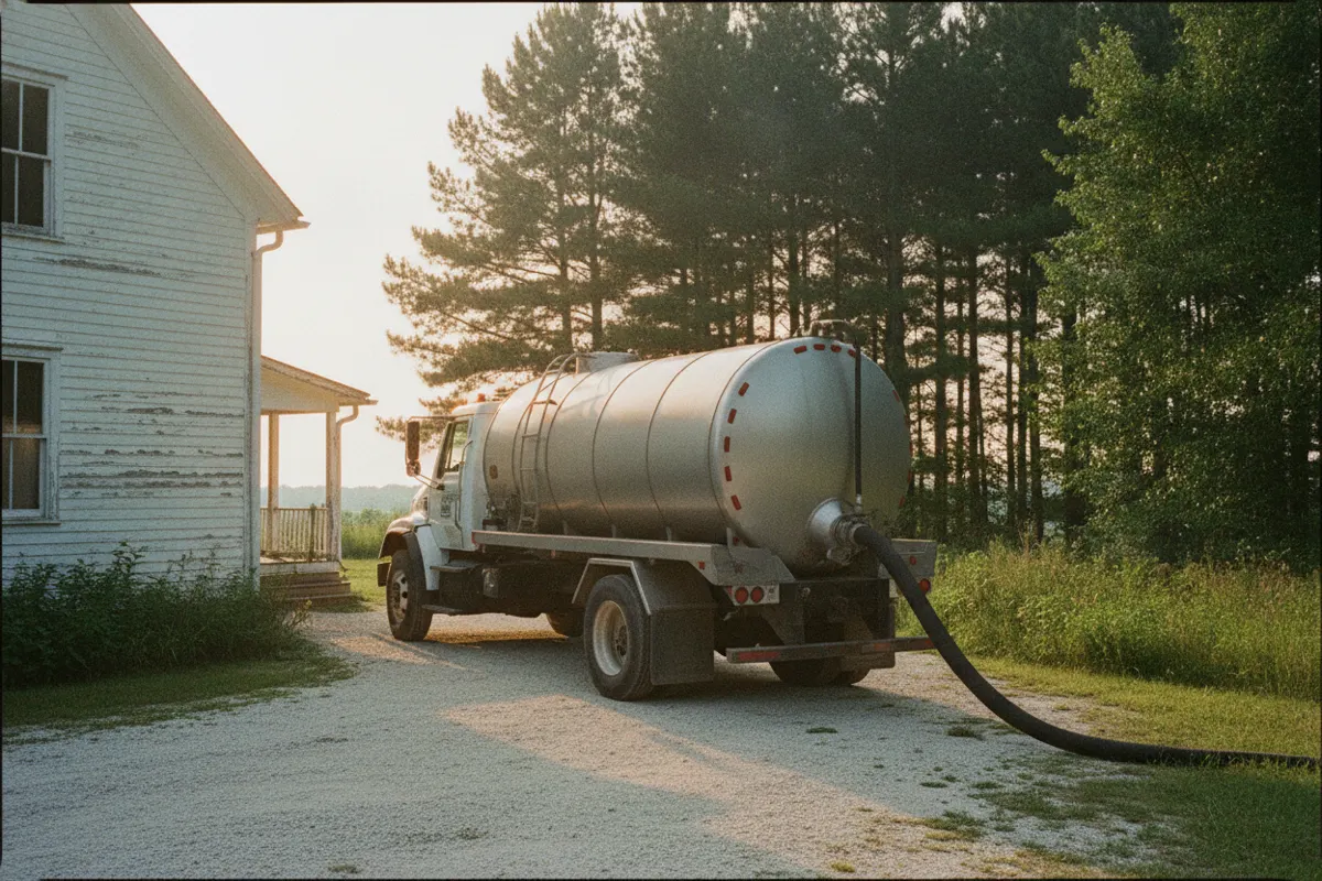 Septic pumping truck with hose extended in the driveway of a rural Enterprise AL home