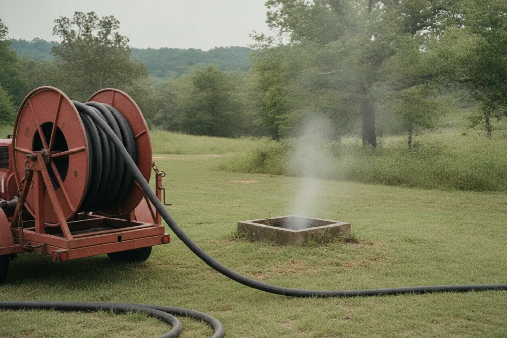 High-pressure jetter hose feeding into the open port of an exposed distribution box