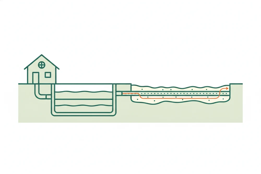 Cutaway diagram of a septic system: house, tank with three layers, and drain field in sandy soil