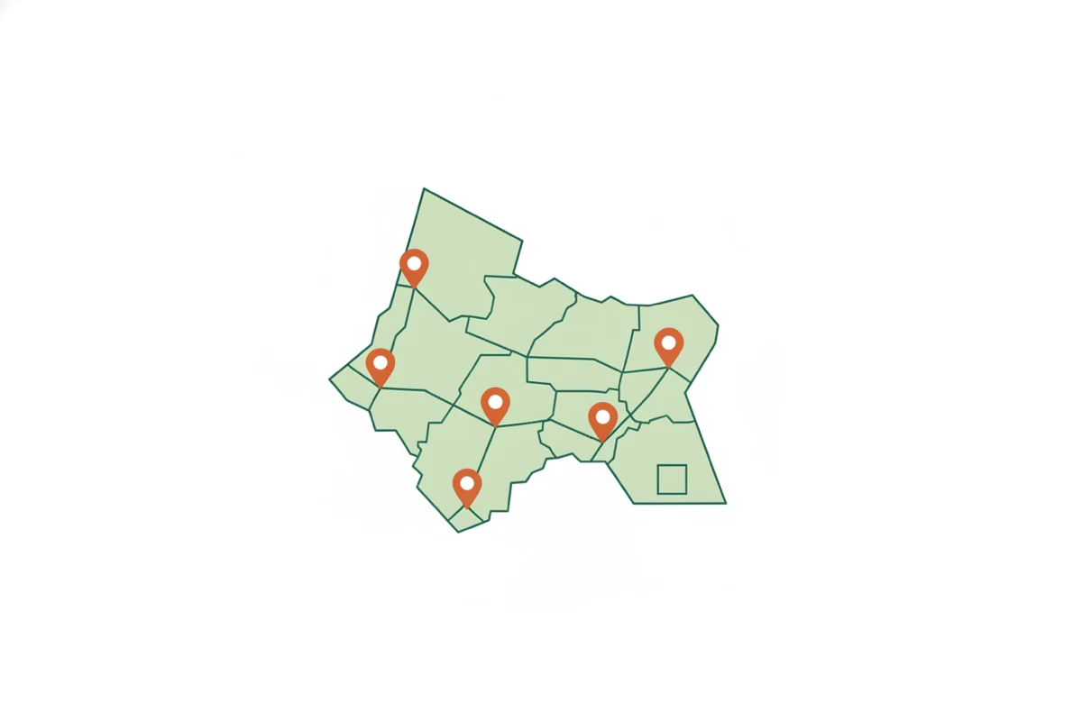 Stylized map of the Wiregrass service region with location pins