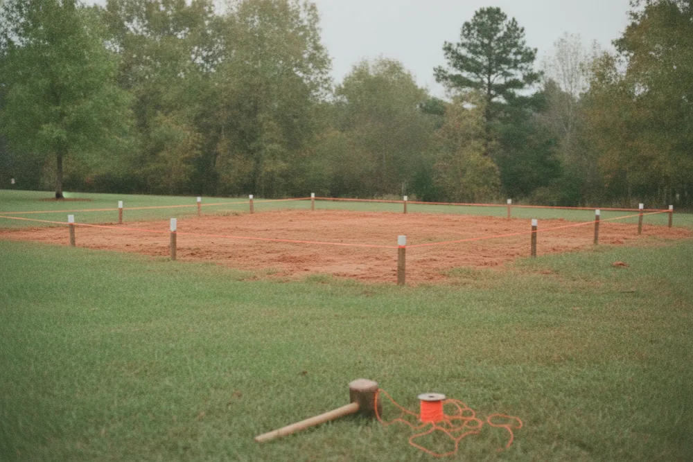 Survey stakes and string marking out the footprint of a drain field repair