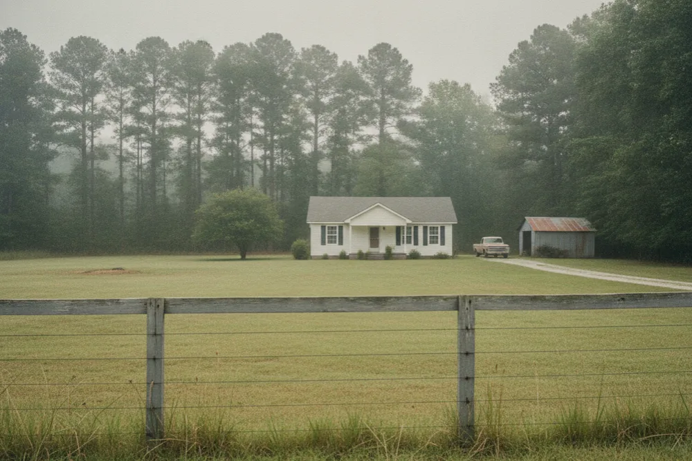 Single-story home on a wide open lawn edged by pines, a typical Coffee County septic property
