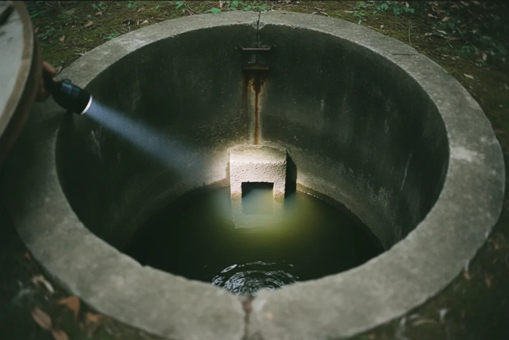 Flashlight beam lighting the concrete outlet baffle inside a septic tank
