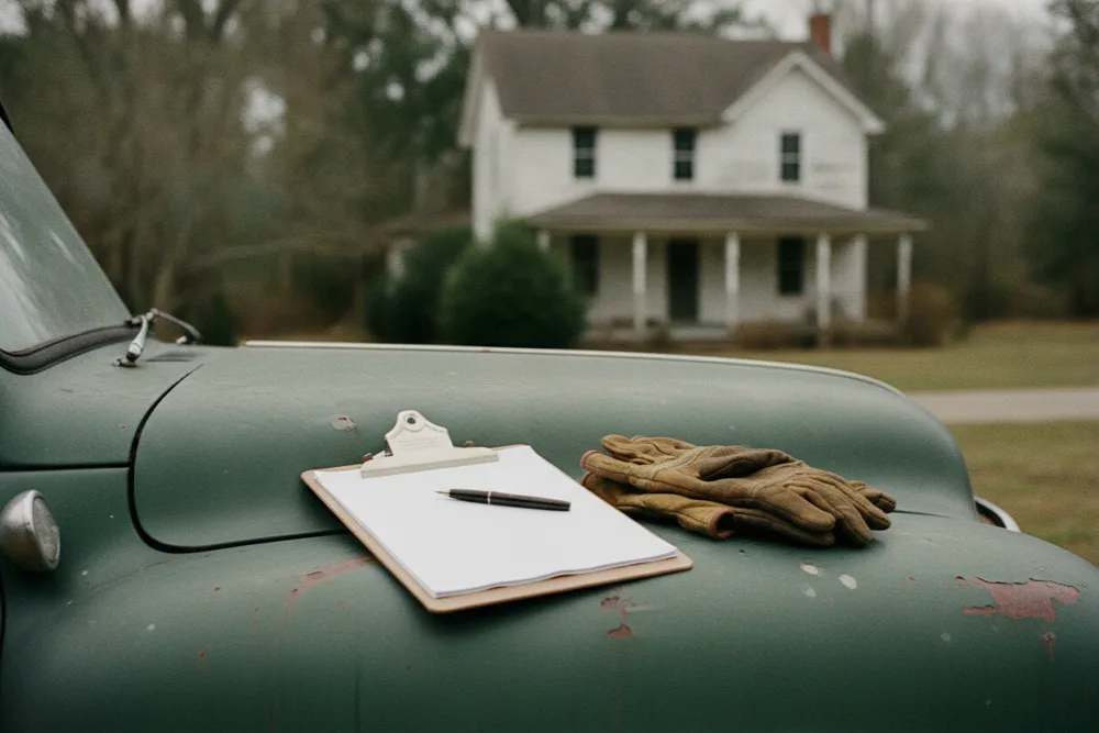 Clipboard with blank estimate sheet and pen resting on a work truck fender