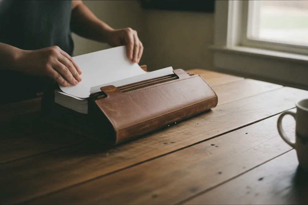 Hand filing report pages into an accordion folder on a farmhouse kitchen table