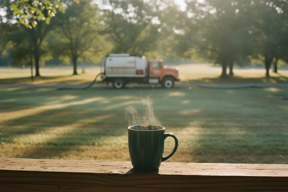 Coffee on the porch rail while the septic truck makes a calm, routine scheduled visit
