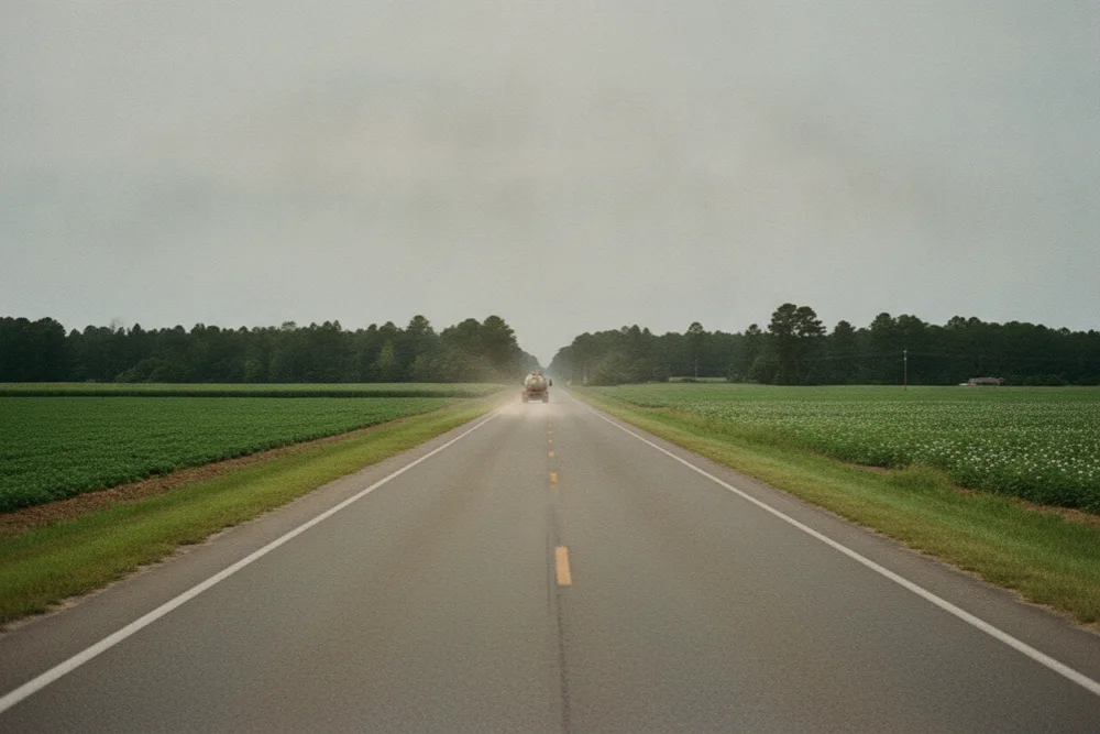 Vacuum tanker truck far down a straight two-lane country highway between row-crop fields
