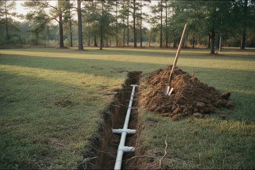 New white PVC pipe laid in a fresh narrow trench across a lawn, ready for backfill