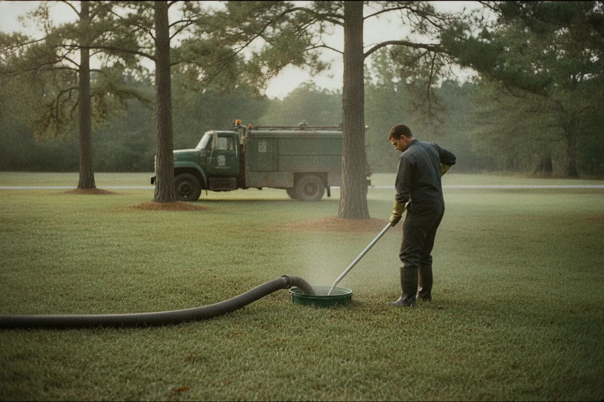 Technician feeding a wash-down lance into an open septic tank access while a vacuum hose stands by