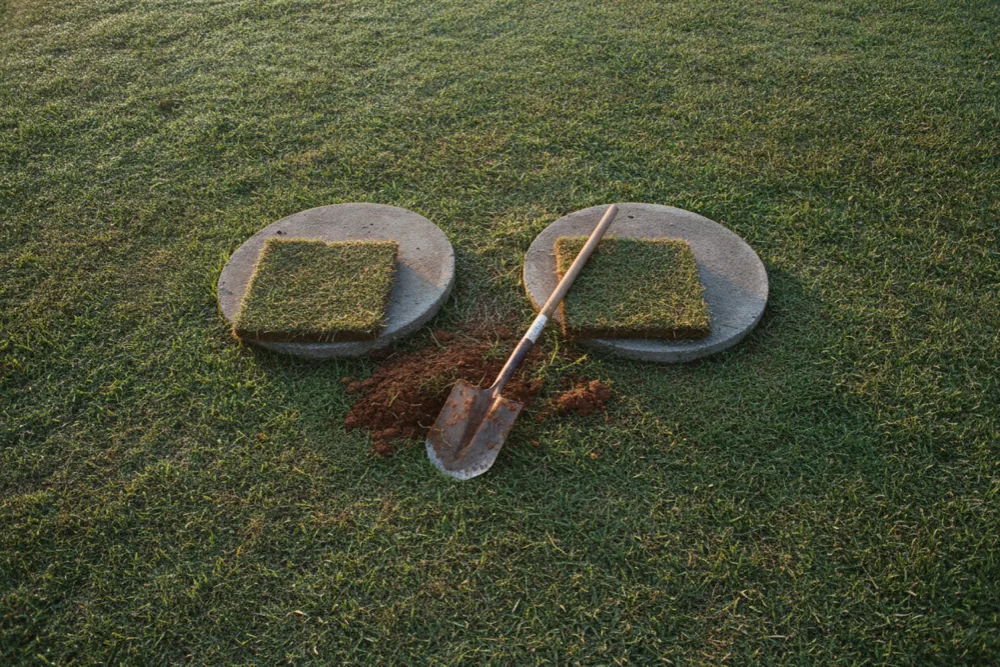Two uncovered concrete septic tank lids side by side in a mowed lawn with cut turf and a spade beside them