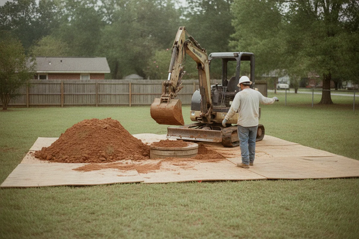 Mini excavator opening the ground beside a partly exposed concrete septic tank