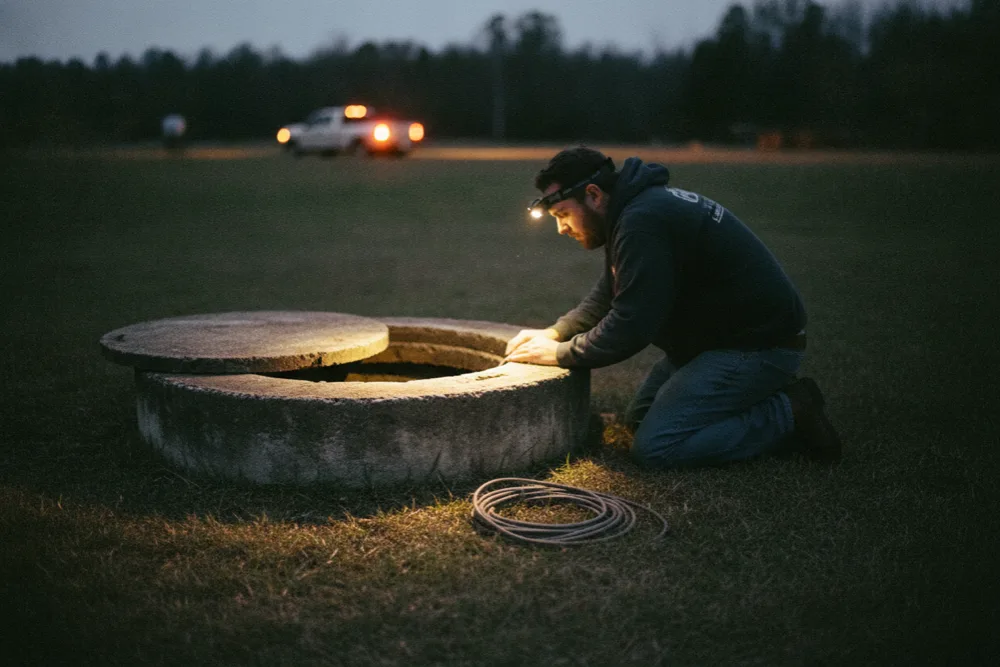 Technician with a headlamp kneeling over an open septic lid in the dark