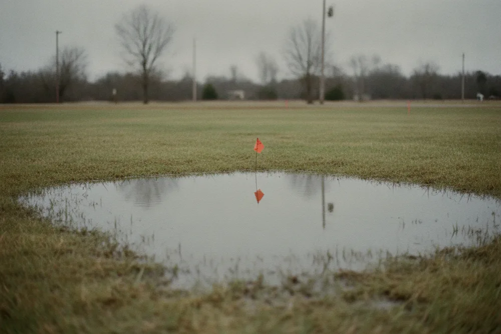 Shallow standing water pooled over grass with a marker flag at its edge, a failed-inspection finding