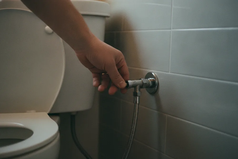 Hand closing the water supply valve on the wall behind a toilet