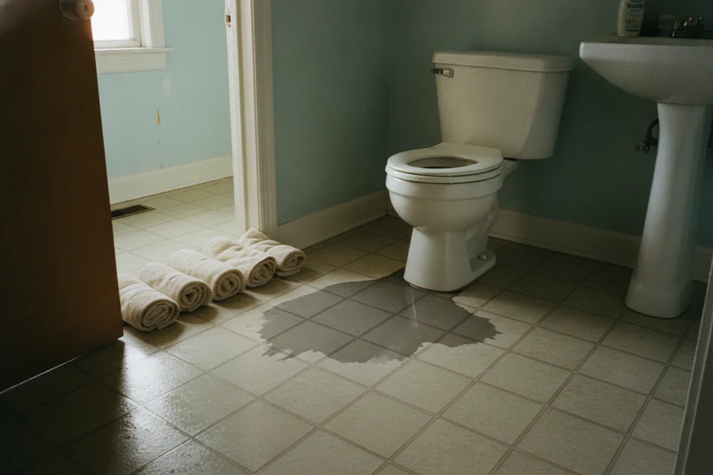 Water seeping across a bathroom floor from the base of a toilet, towels laid down as a dam