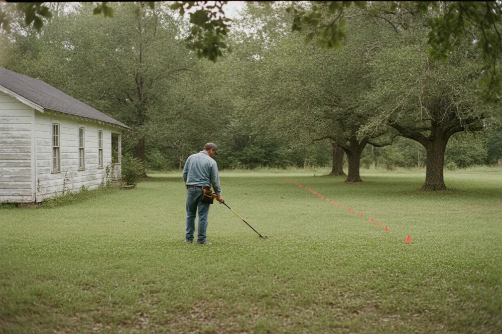 Technician sweeping a pipe locator over the lawn along a flagged line from house to tank