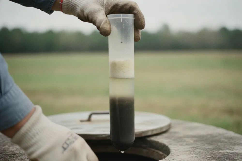 Gloved hands holding a clear sludge sampler tube showing dark layered tank contents