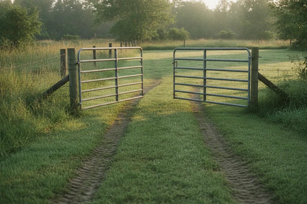 Farm gate swung open onto a mowed side yard with fresh tire tracks leading through